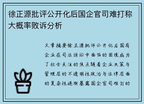 徐正源批评公开化后国企官司难打称大概率败诉分析