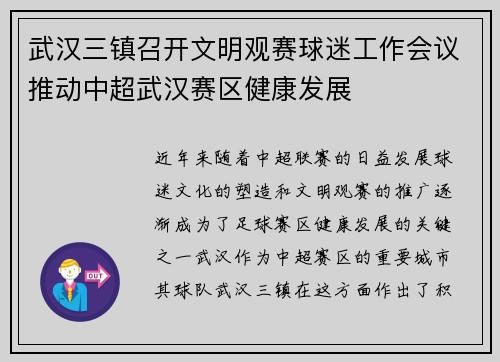 武汉三镇召开文明观赛球迷工作会议推动中超武汉赛区健康发展