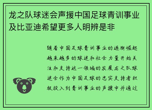 龙之队球迷会声援中国足球青训事业及比亚迪希望更多人明辨是非